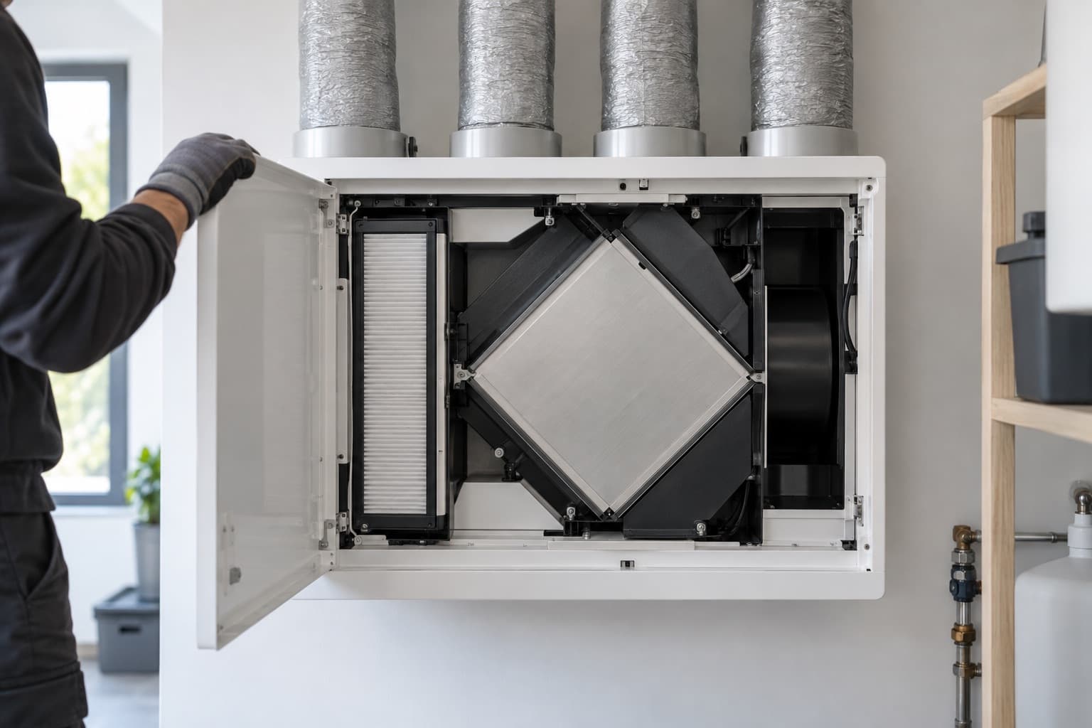 Groupe de ventilation double flux ouvert par un technicien : filtre plissé et échangeur à plaques à flux croisés visibles, quatre gaines isolées raccordées au-dessus.