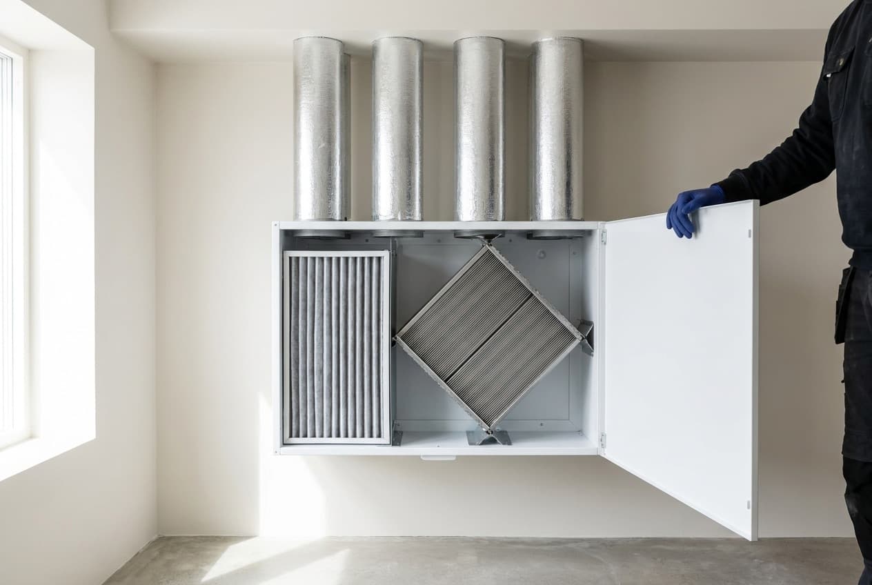 Groupe de ventilation double flux ouvert par un technicien : filtre plissé et échangeur à plaques à flux croisés visibles, quatre gaines isolées raccordées au-dessus.