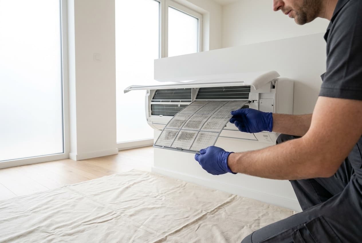 Unité intérieure de climatisation ouverte, filtre encrassé retiré pendant l'entretien.