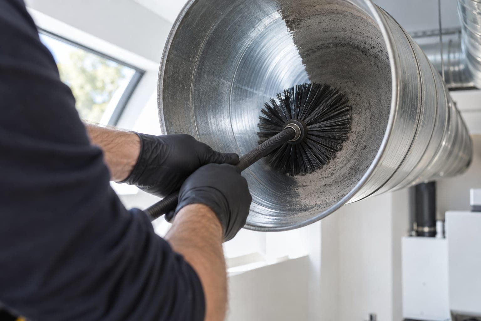 Technician feeding a rotary brush into a ventilation duct, one cleaned strip revealing bare metal.