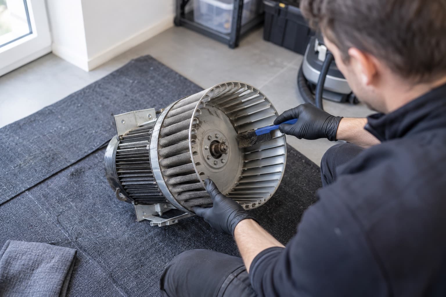 Un technicien nettoie à la brosse une turbine de ventilateur déposée : une moitié encore encrassée, l'autre déjà revenue au métal nu.
