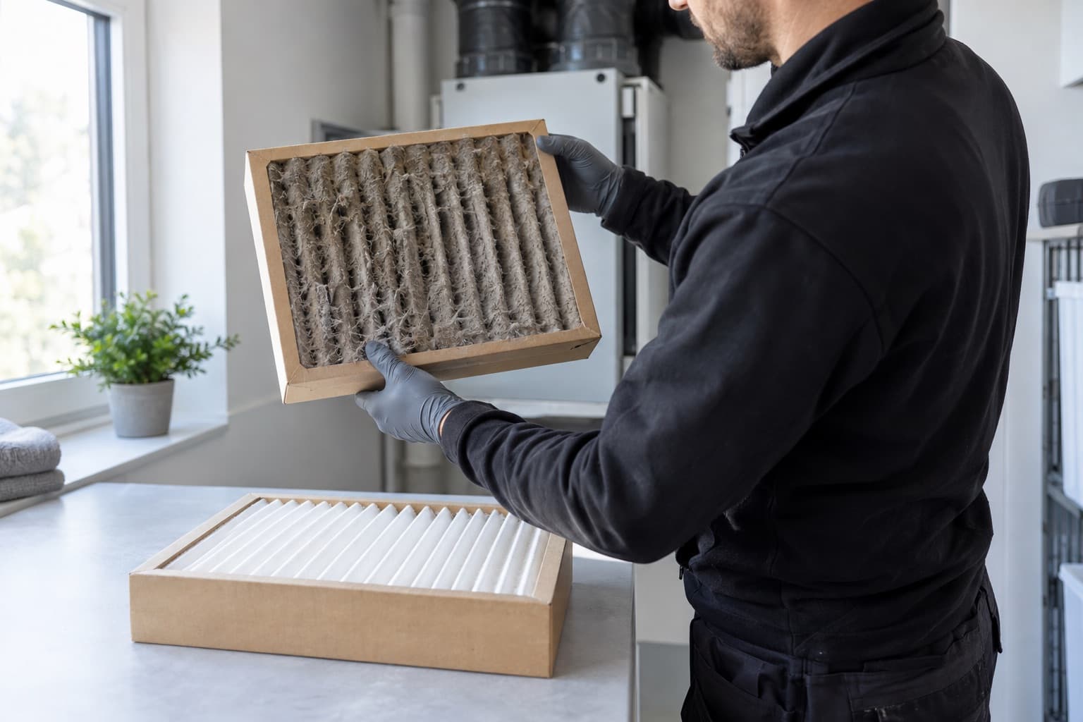 Un technicien tient un filtre de ventilation saturé de poussière grise, au-dessus de son remplacement neuf posé sur le plan de travail.