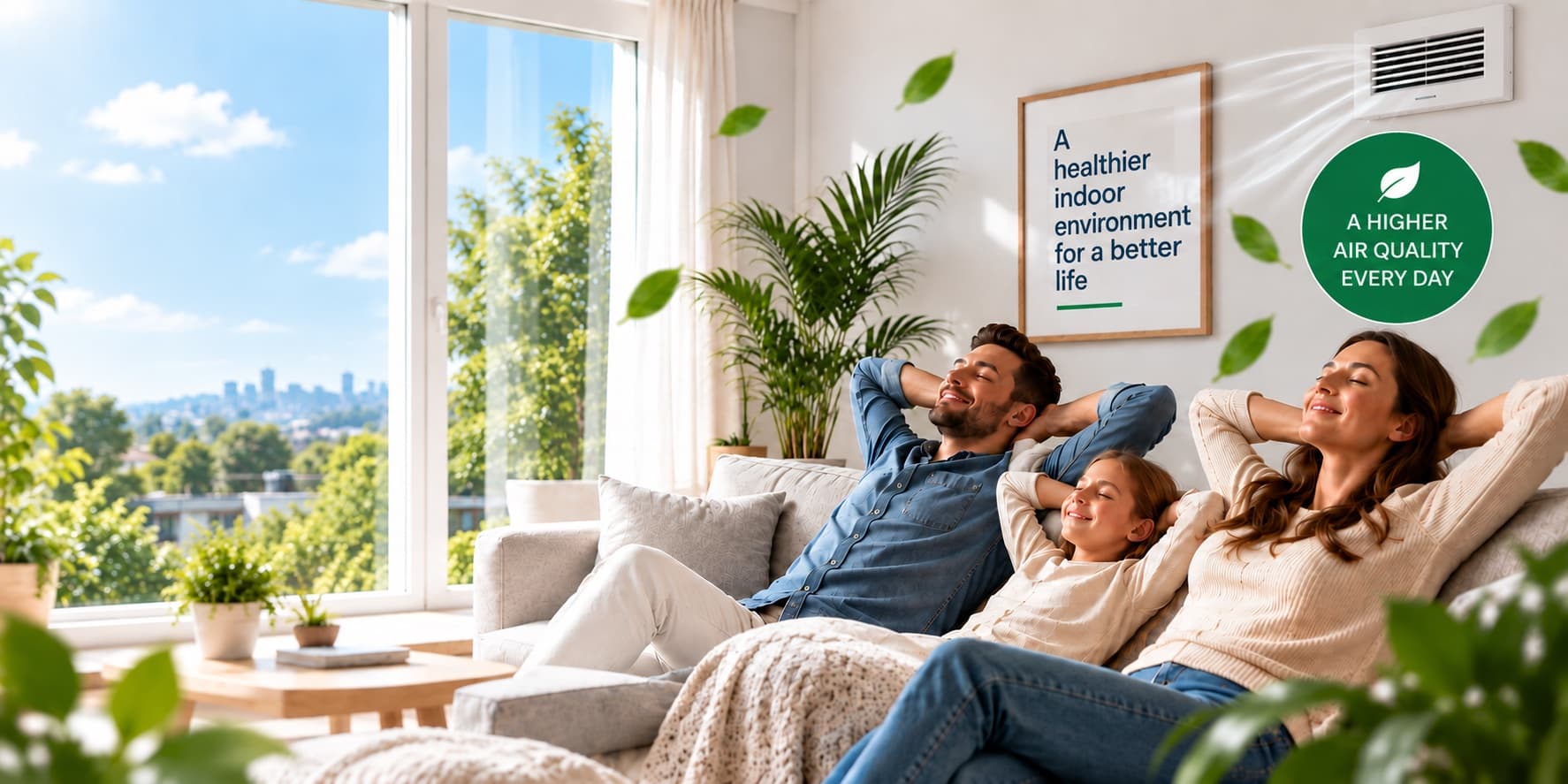 A relaxed family in a bright living room, heads back and eyes closed, with a ventilation grille on the wall above them.