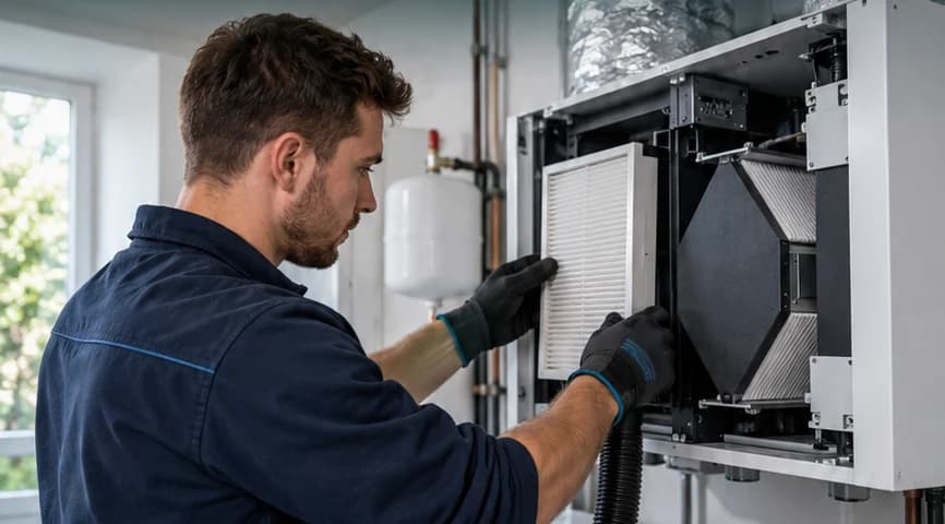 Un technicien en gants retire le filtre d'un groupe de ventilation double flux ouvert.