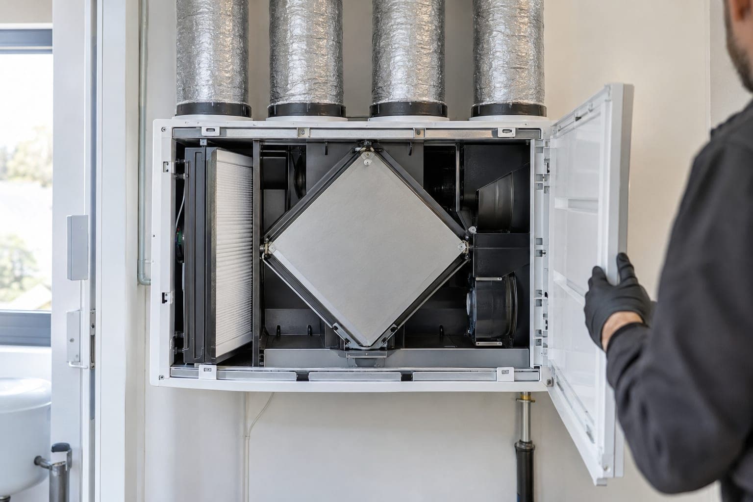 Groupe de ventilation double flux ouvert pendant l'entretien : échangeur, filtres et ventilateurs visibles.