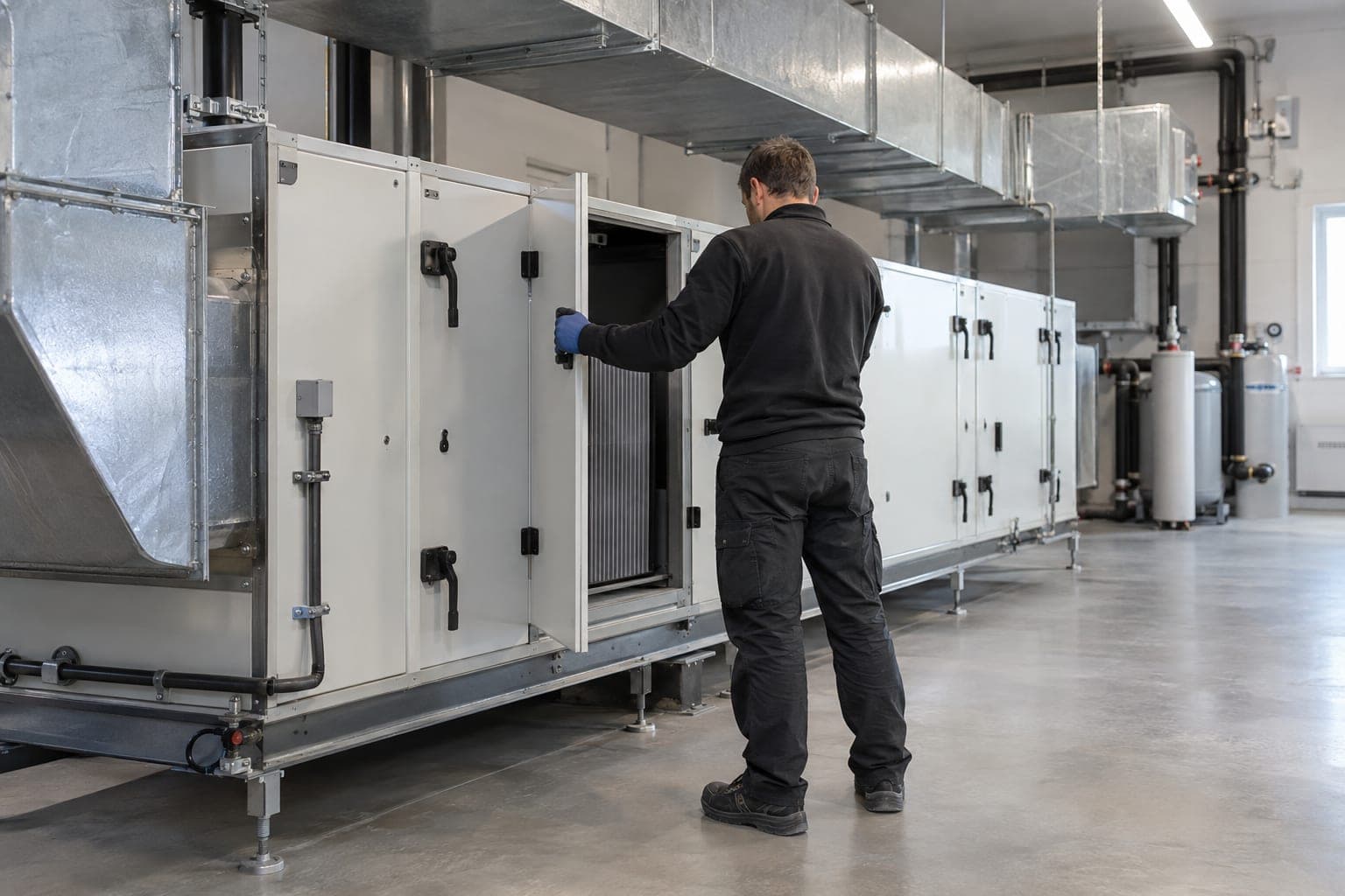 Technician opening an access hatch on an air-handling unit in a plant room.