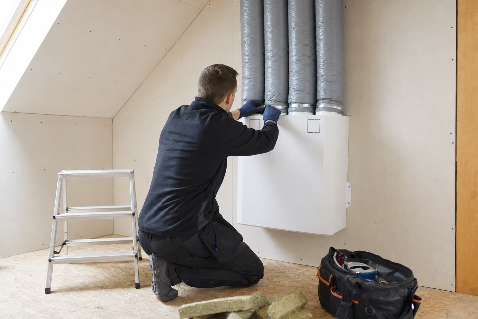 Technicien raccordant les gaines d'une VMC double flux neuve fixée au mur d'un grenier.
