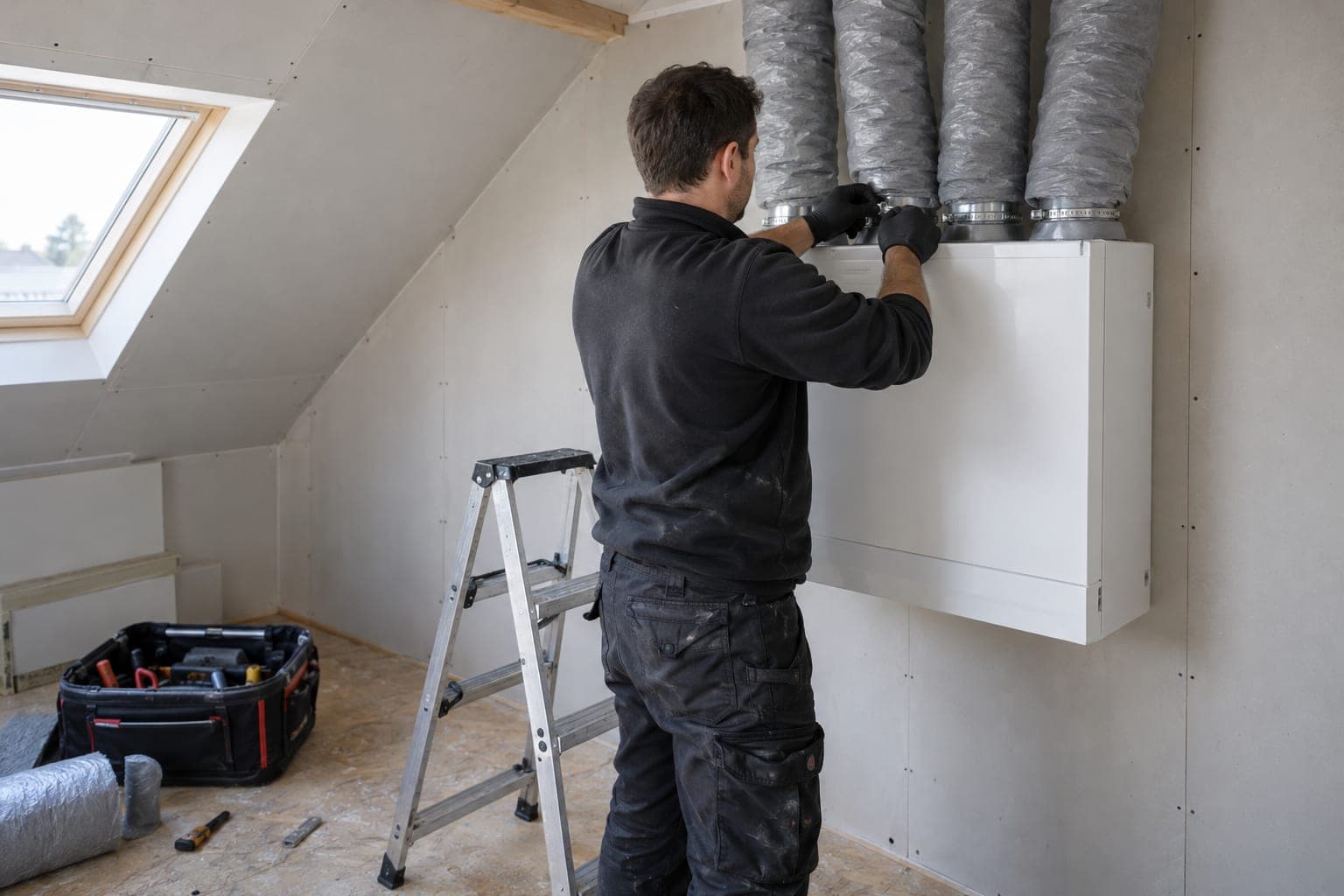 Technicien raccordant les gaines d'une VMC double flux neuve fixée au mur d'un grenier.